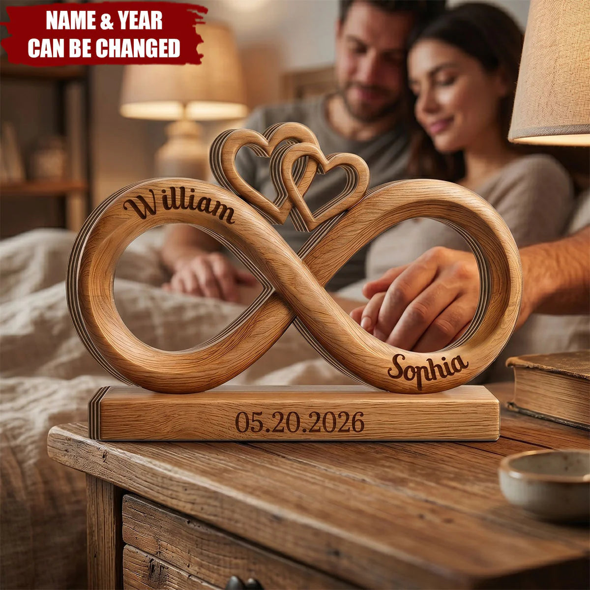 Custom Infinity Heart Wooden Block for Couples with personalized design details for meaningful gifting