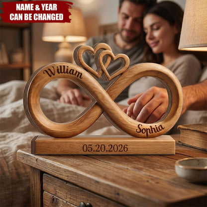 Custom Infinity Heart Wooden Block for Couples with personalized design details for meaningful gifting