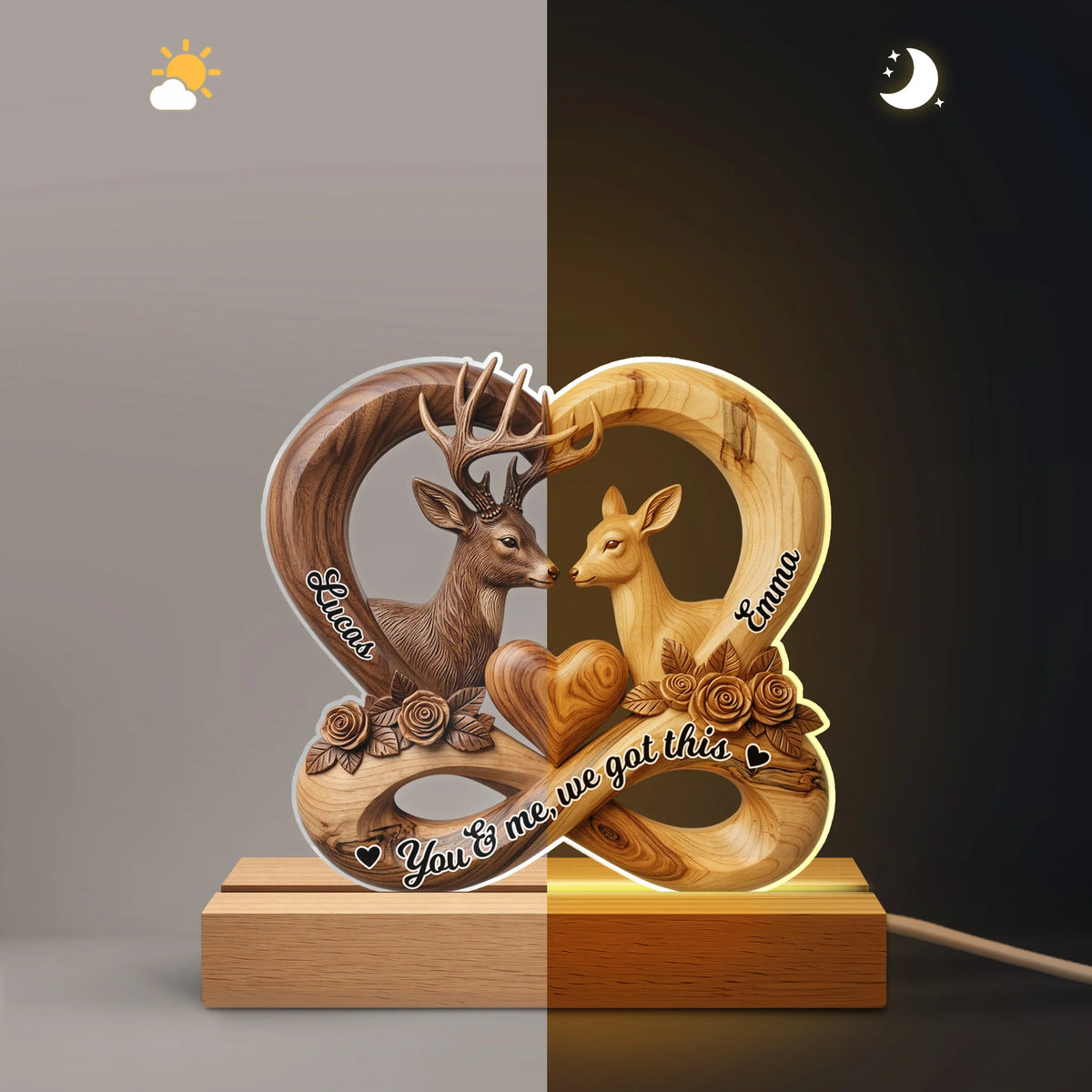 Personalized Couple Deer LED Night Light - Custom Infinity Heart Anniversary Gift for Wife Husband