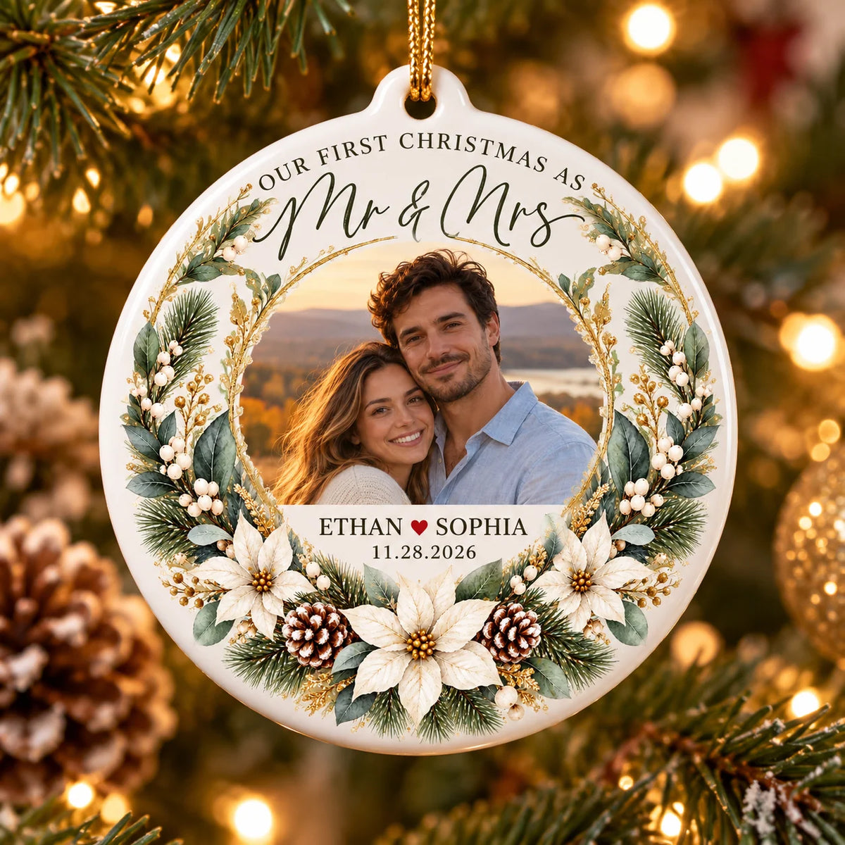 Our First Christmas as Mr & Mrs Personalized Ceramic Photo Ornament - Newlywed Wedding Keepsake Gift for Couples