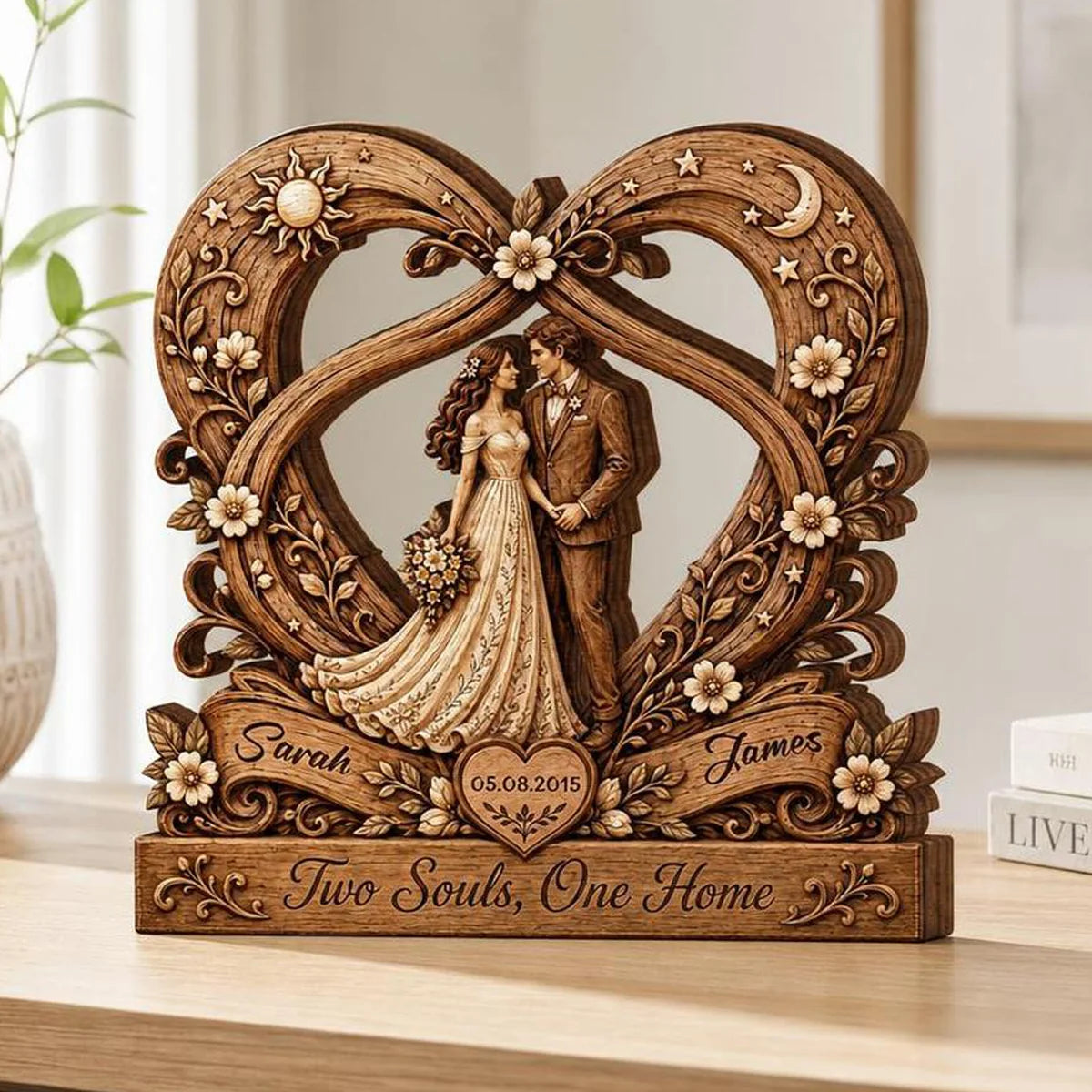 "Two Souls One Home" Personalized Couples Wooden Block - Custom Heart Anniversary Keepsake Gift for Wife Husband