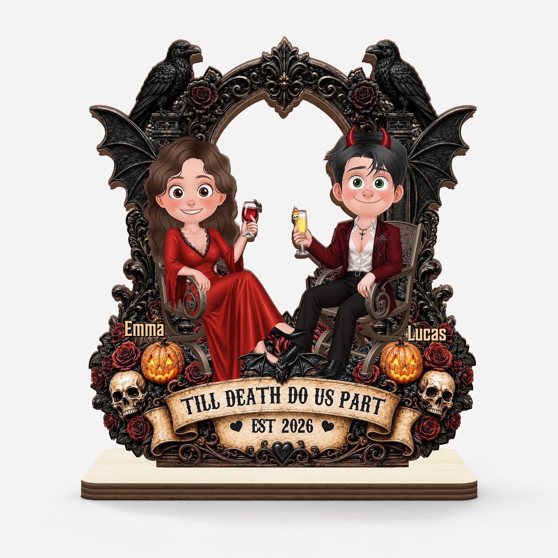 "Till Death Do Us Part" Personalized Couple Wooden Plaque - Spooky Halloween Anniversary Gift