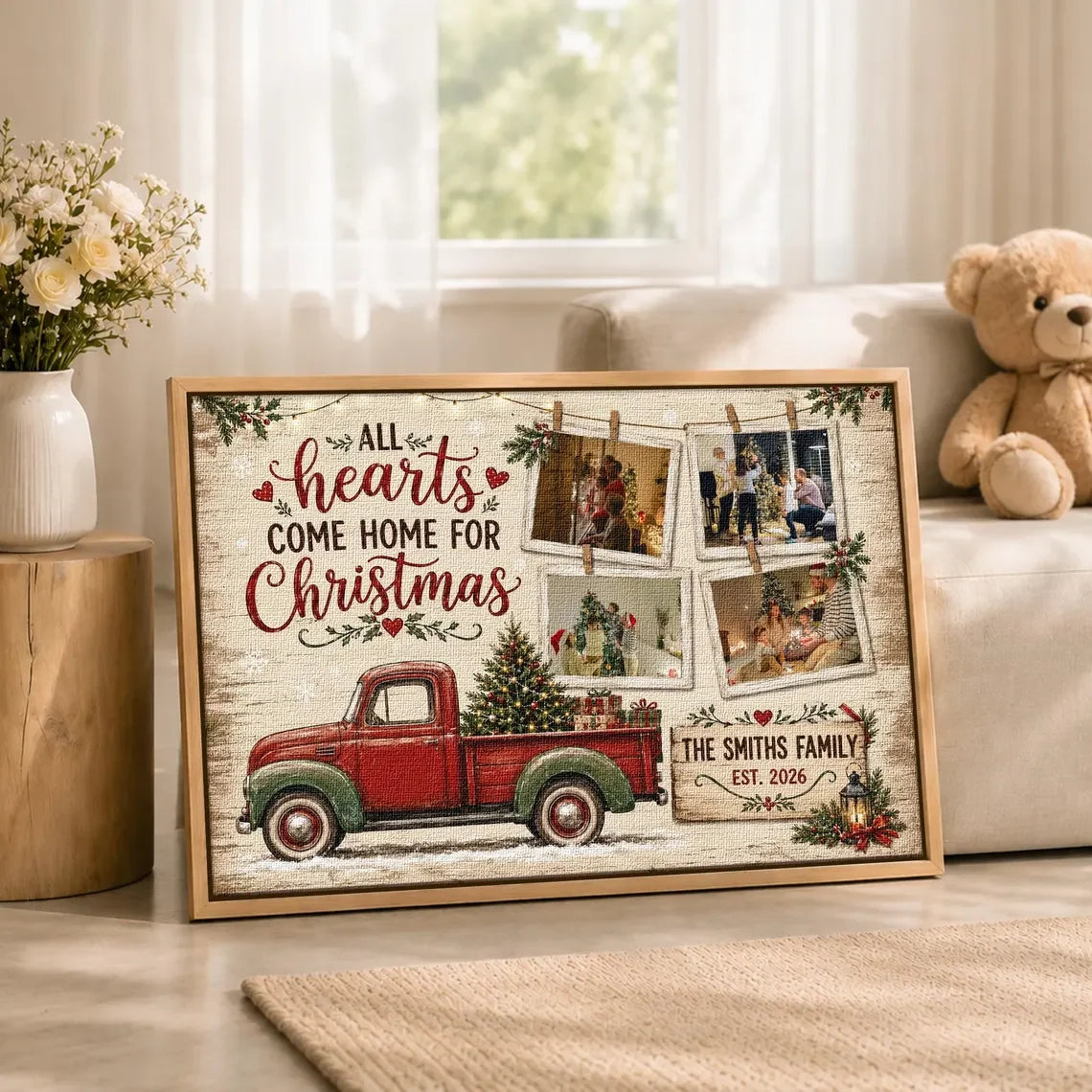 "All Hearts Come Home For Christmas" Personalized Family Photo Canvas / Poster - Custom Holiday Wall Art