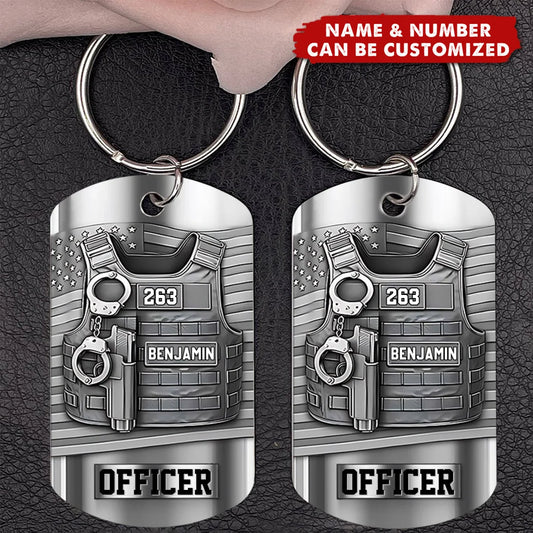 Serve And Protect Personalized Police Officer Metal Keychain - Custom Name Badge Number Keepsake Gift