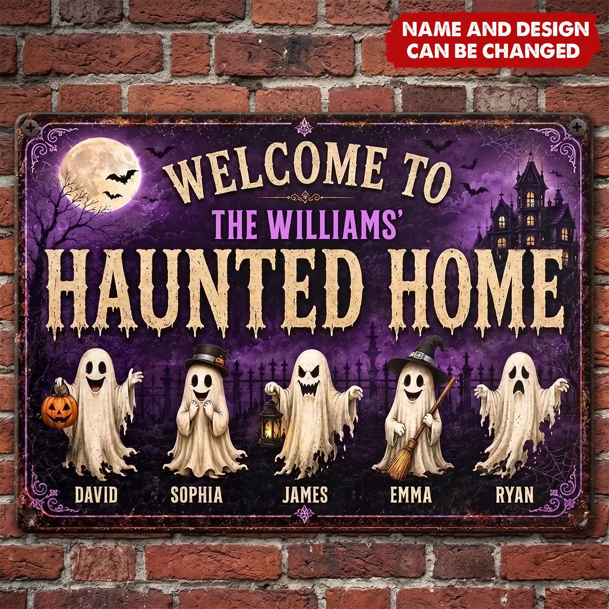Welcome To Our Haunted Home Custom Ghost Family Metal Sign - Personalized Halloween Decor Gift