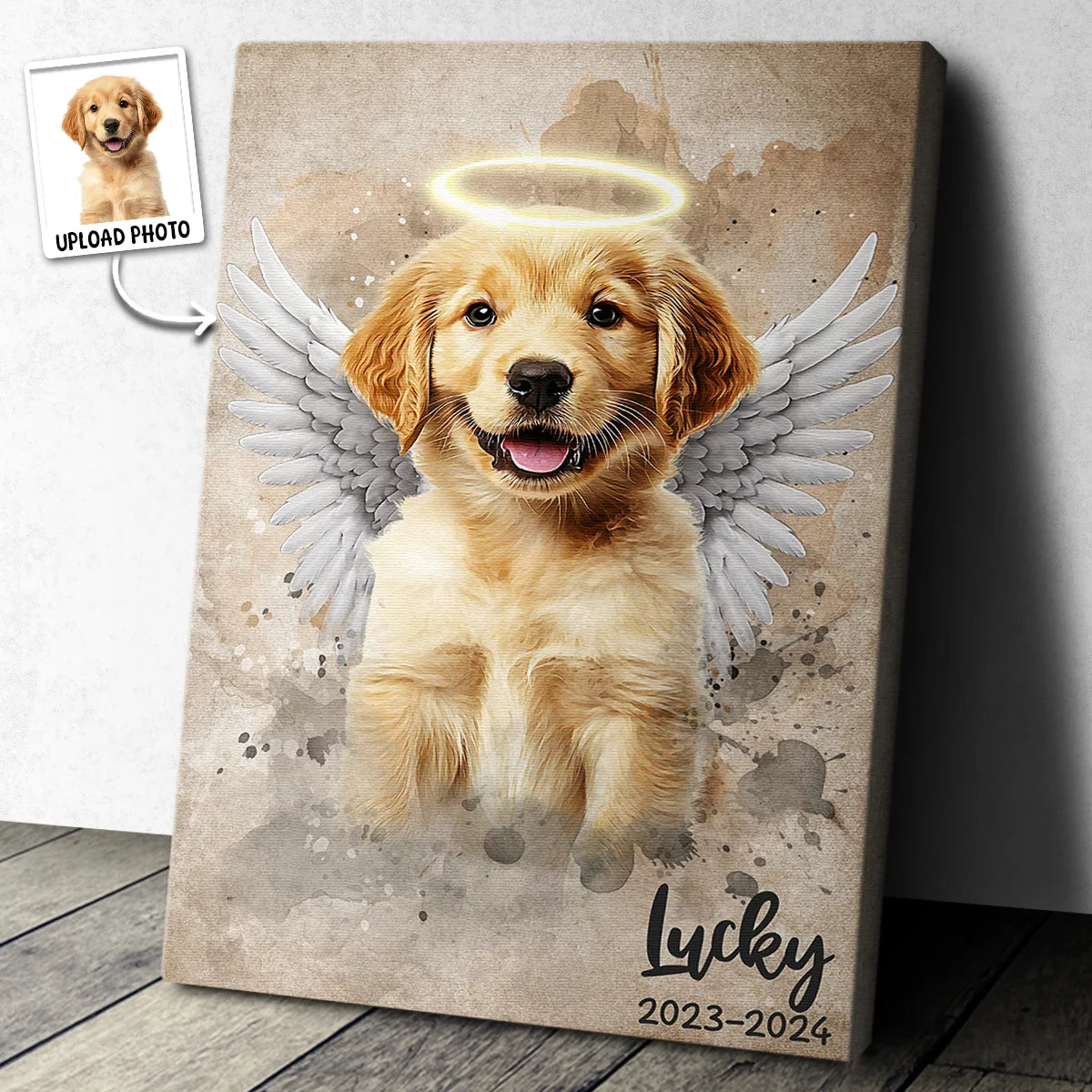 Custom Photo Pet Angel With Halo Wings - Personalized Dog & Cat Memorial Canvas / Poster