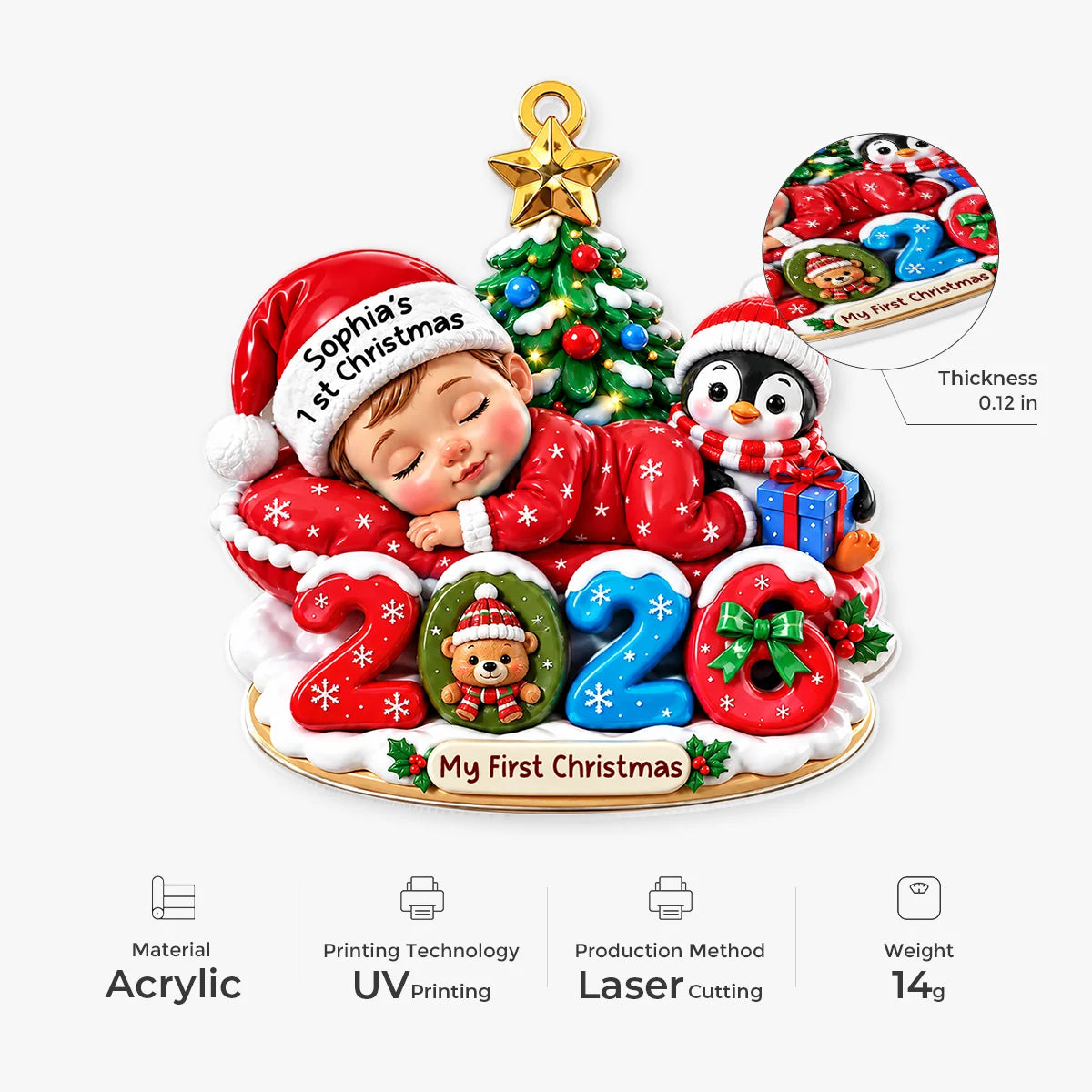 "Sleeping Baby My First Christmas" Personalized Acrylic Ornament - Keepsake for Newborn