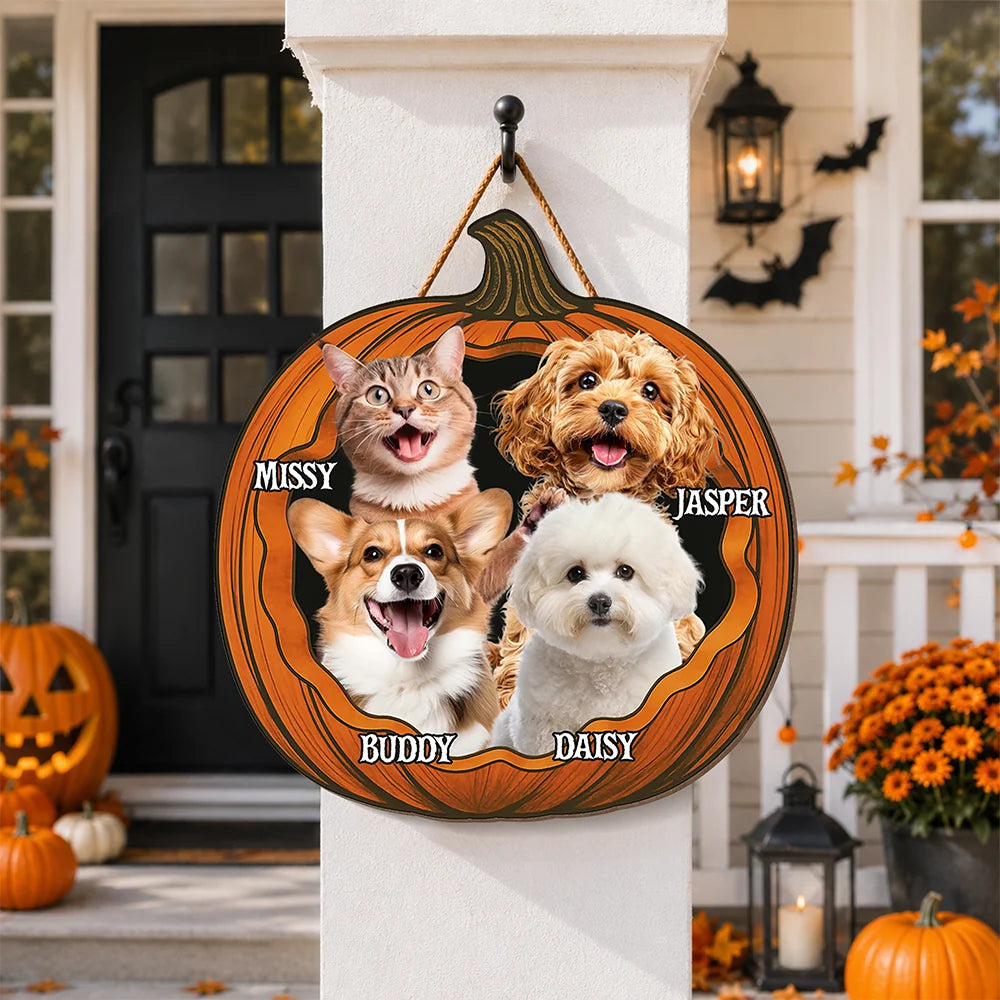 Custom Photo Pumpkin Halloween Pet Wood Door Sign - Personalized Dog & Cat Decor Gift
