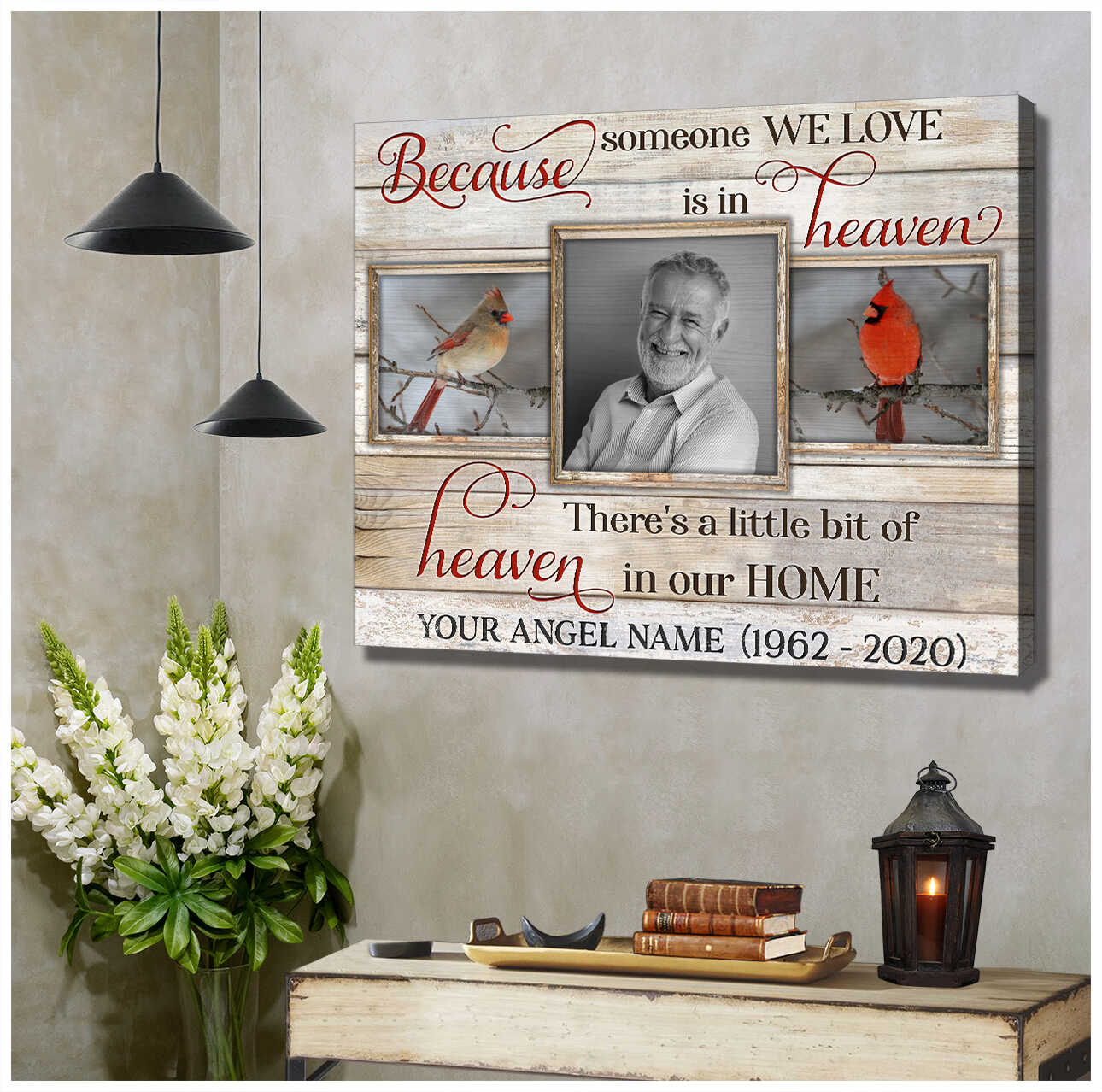 Personalized memorial canvas art with custom photo and cardinals for bereavement gifts