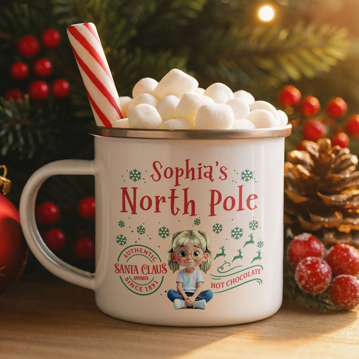 North Pole Hot Chocolate Mug With Girl And Christmas Elements