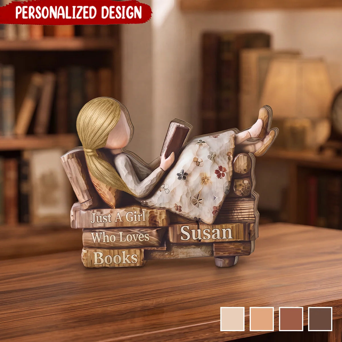 "Just A Girl Who Loves Books" Custom Wooden Block - Personalized Gift for Bookworms and Readers