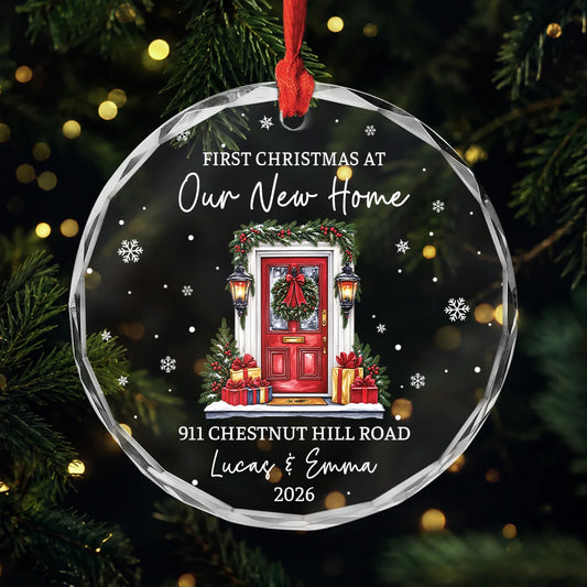 Personalized First Christmas At Our New Home Glass Ornament - Custom New Home Owner Keepsake Gift