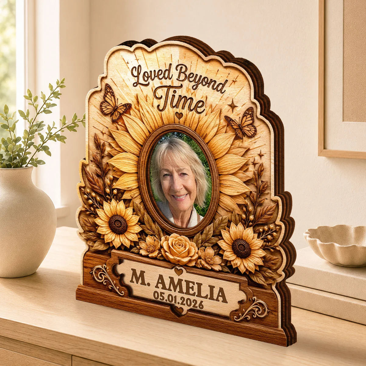 "Loved Beyond Time" Personalized Photo Wooden Block - Custom Memorial Keepsake Gift for Loss of Loved One