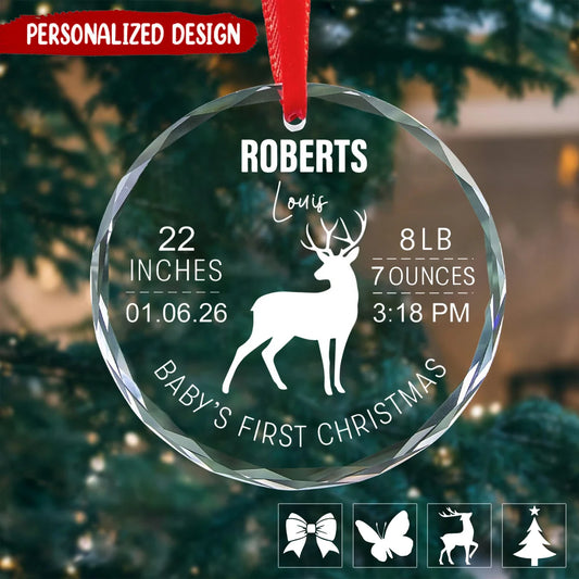 Baby's First Christmas Glass Ornament - Custom Newborn Birth Announcement Keepsake Gift