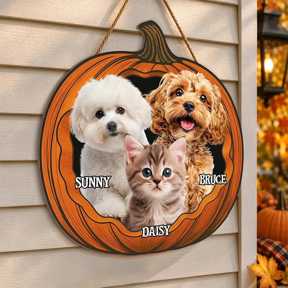 Custom Photo Pumpkin Halloween Pet Wood Door Sign - Personalized Dog & Cat Decor Gift