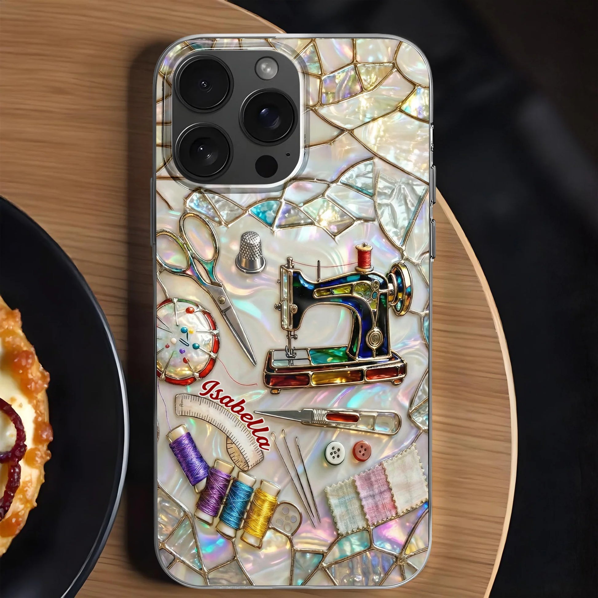 Personalized clear phone case featuring colorful sewing machine and craft design for seamstresses