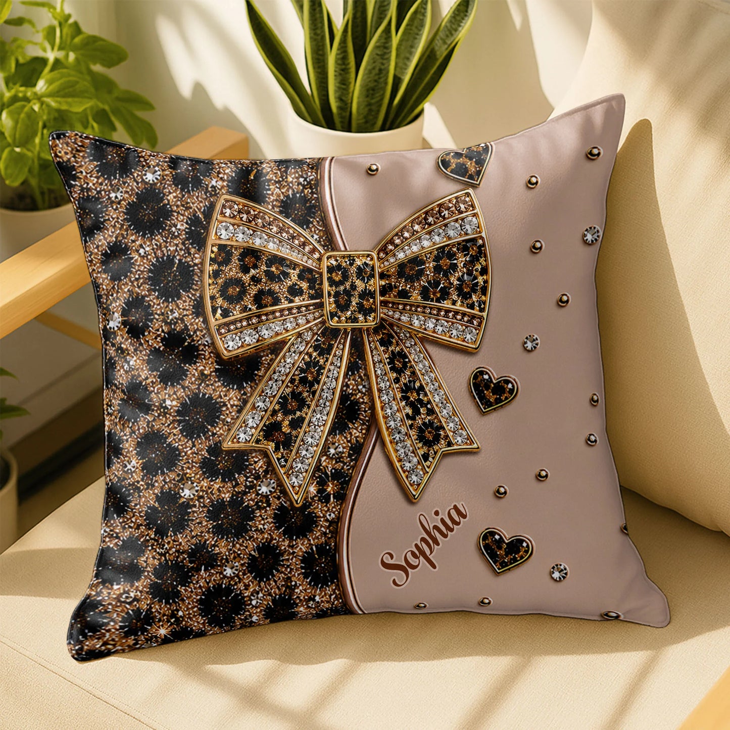 Personalized leopard print pillow featuring a sparkling jeweled bow and custom name, custom gift for her image 7