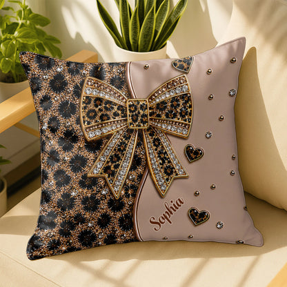 Personalized leopard print pillow featuring a sparkling jeweled bow and custom name, custom gift for her image 7