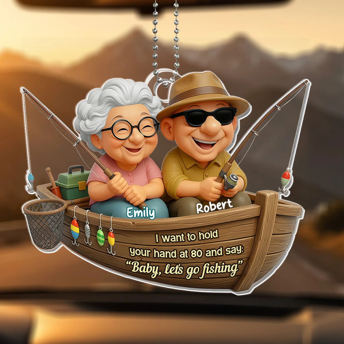 Hold Your Hand At 80 Personalized Acrylic Car Ornament - Couples Fishing Keepsake Gift