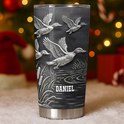 Geese In Flight Over Tranquil Landscape Tumbler