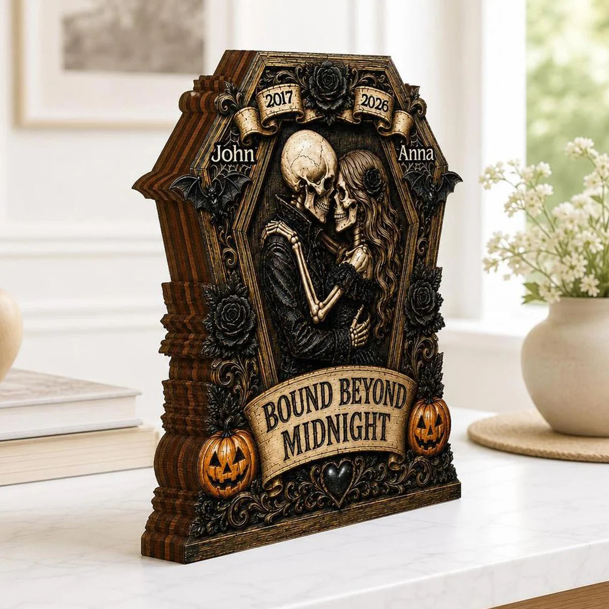 Bound Beyond Midnight Skeleton Couple Personalized Wooden Block - Custom Gothic Halloween Wedding Anniversary Gift