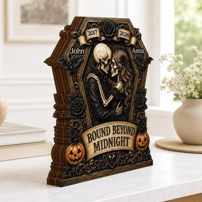 Bound Beyond Midnight Skeleton Couple Personalized Wooden Block - Custom Gothic Halloween Wedding Anniversary Gift