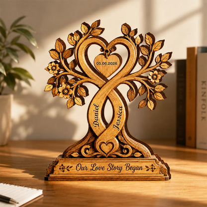 Custom couple love story plaque with intertwined tree heart design and names Daniel and Jessica