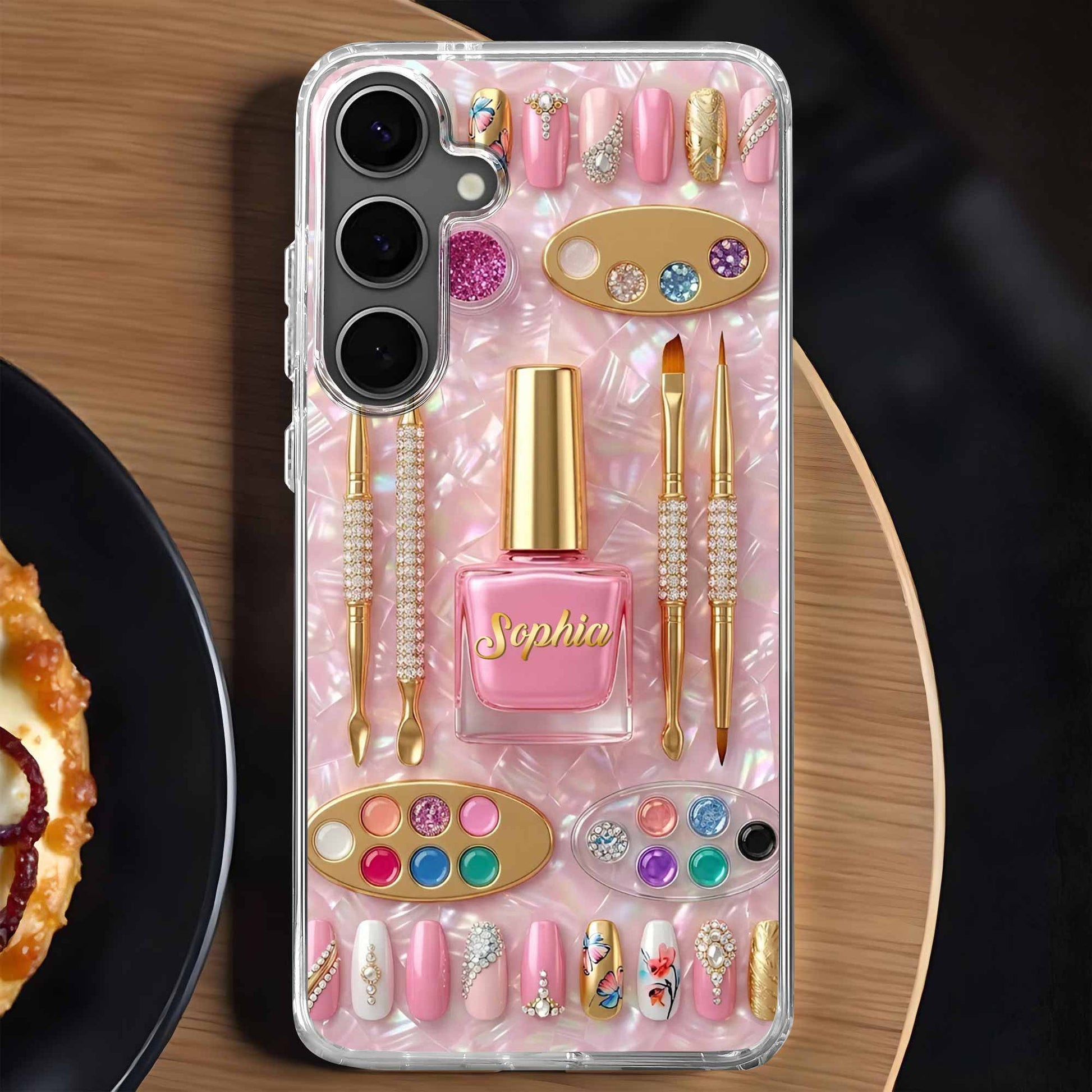 Personalized nail tech clear phone case featuring chic nail polish and tools design image 8