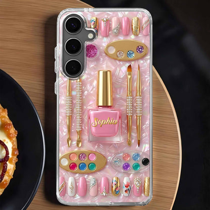 Personalized nail tech clear phone case featuring chic nail polish and tools design image 8