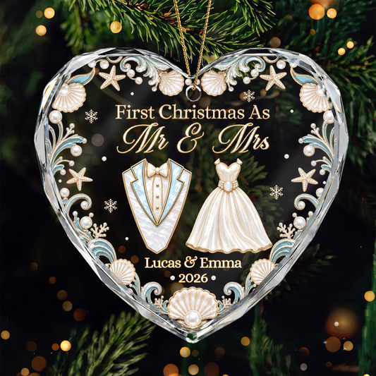 "First Christmas As Mr And Mrs" Personalized Glass Heart Ornament - Custom Couple Gift