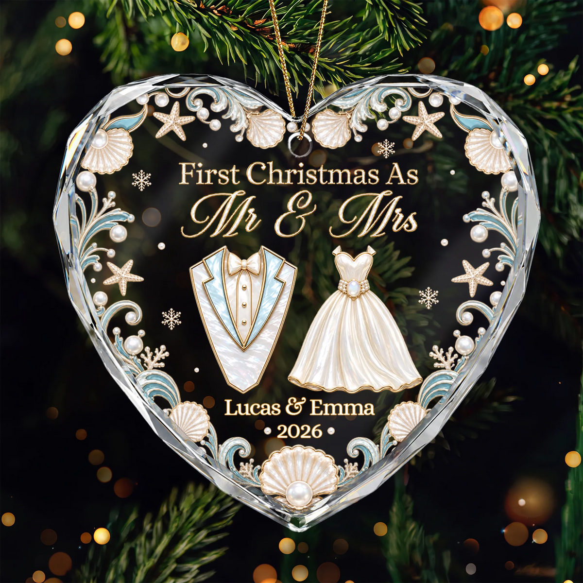 "First Christmas As Mr And Mrs" Personalized Glass Heart Ornament - Custom Couple Gift