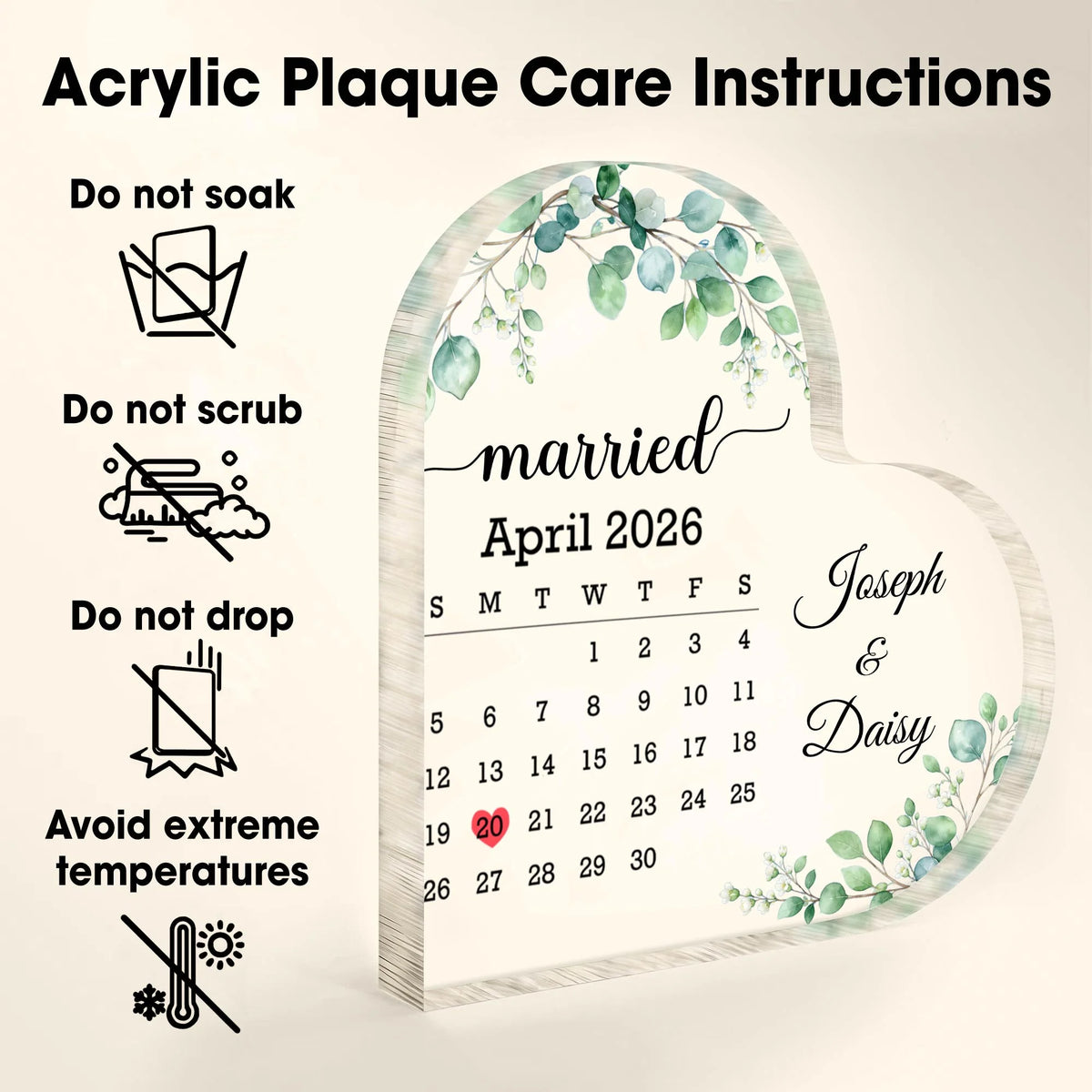"Married" Custom Calendar Heart Acrylic Plaque for Couples - Personalized Wedding Gift