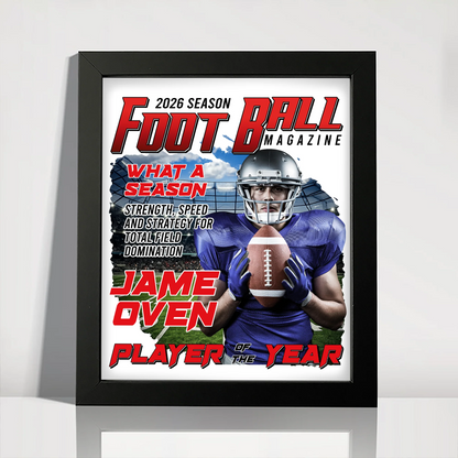 Custom football magazine canvas with personalized player photo and Rookie of the Year text in a black frame image 8