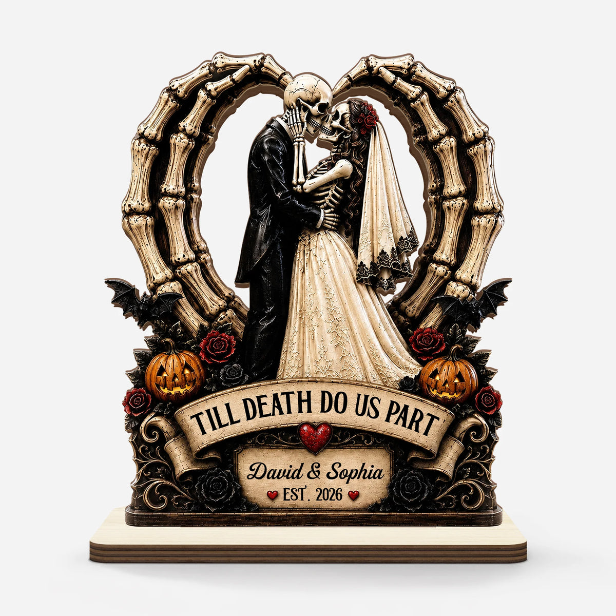 Till Death Do Us Part Skeleton Couple Personalized Wooden Plaque - Custom Halloween Wedding Gift for Couples