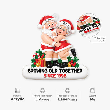 Growing Old Together Hugging Santa Couple - Personalized Acrylic Ornament for Christmas Keepsake