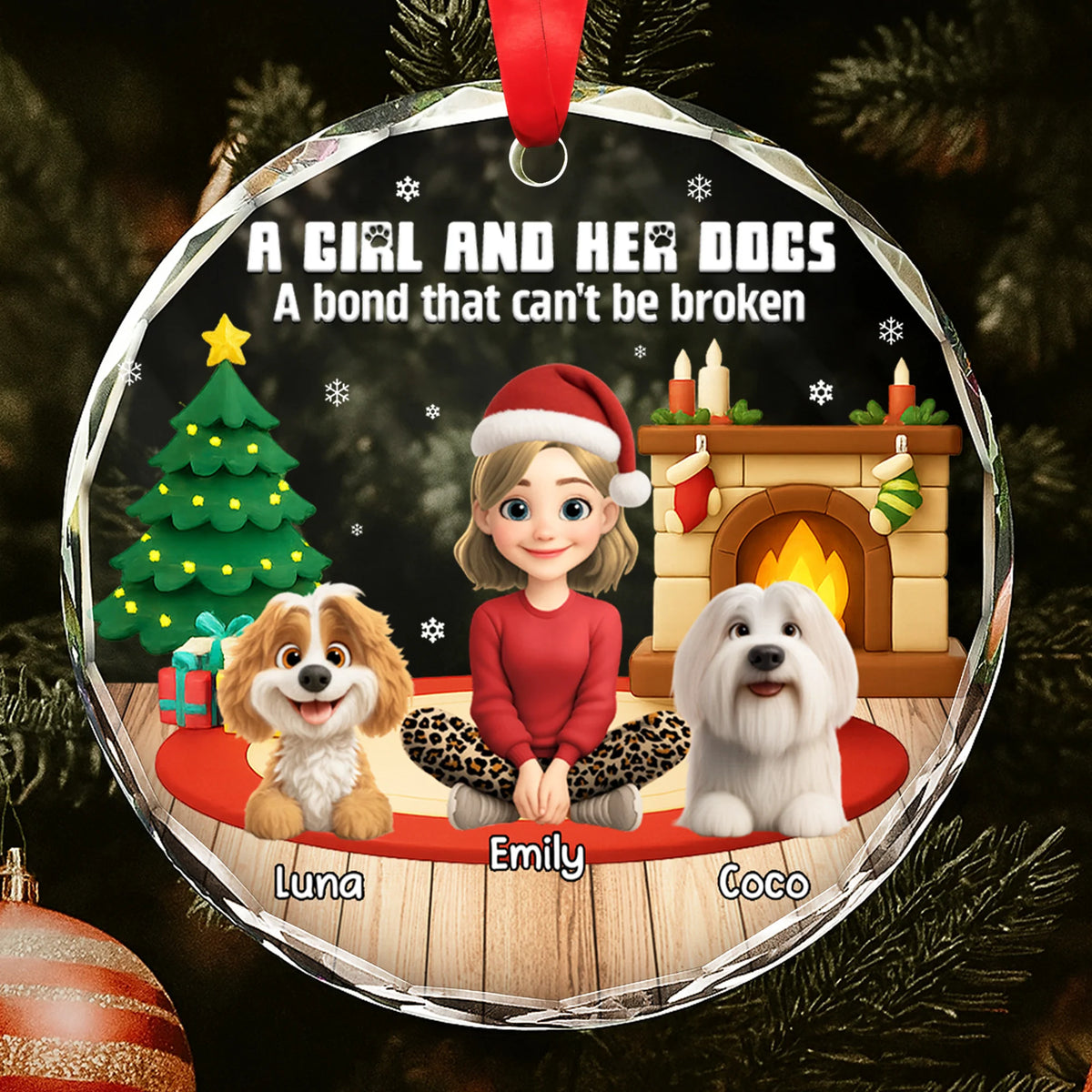 A Girl And Her Dogs Personalized Glass Ornament - Dog Lovers Christmas Tree Keepsake