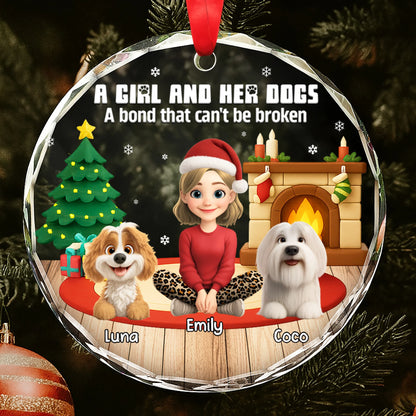 A Girl And Her Dogs Personalized Glass Ornament - Dog Lovers Christmas Tree Keepsake