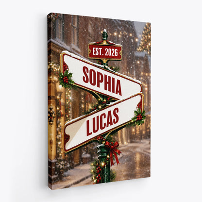 Custom Couple Street Signpost Canvas / Poster - Personalized Christmas Wall Art for Couples