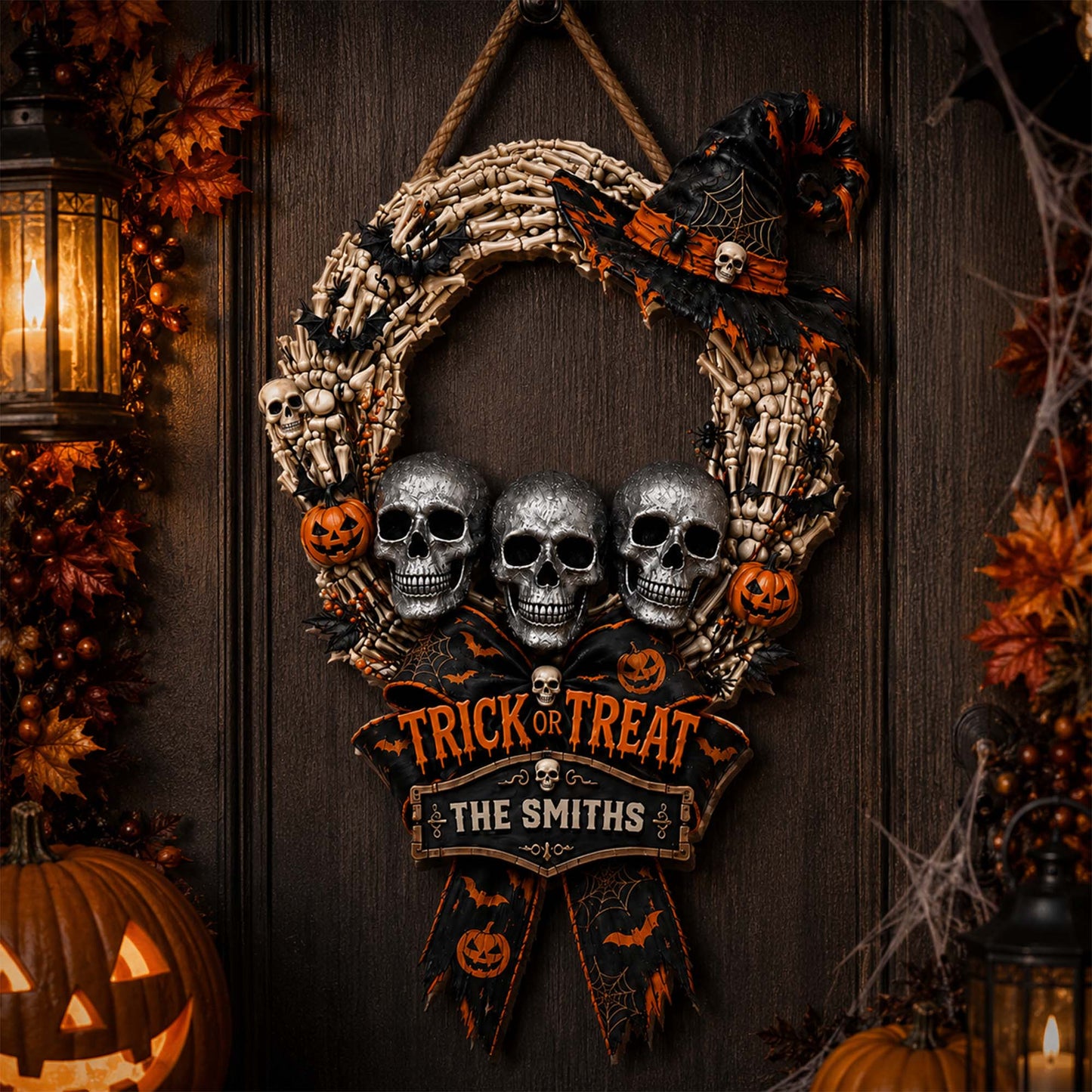 Trick Or Treat Skulls Witch Hat Custom Family Name Wood Sign - Personalized Halloween Decor
