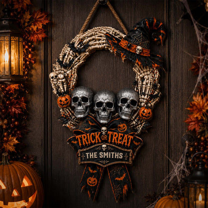 Trick Or Treat Skulls Witch Hat Custom Family Name Wood Sign - Personalized Halloween Decor