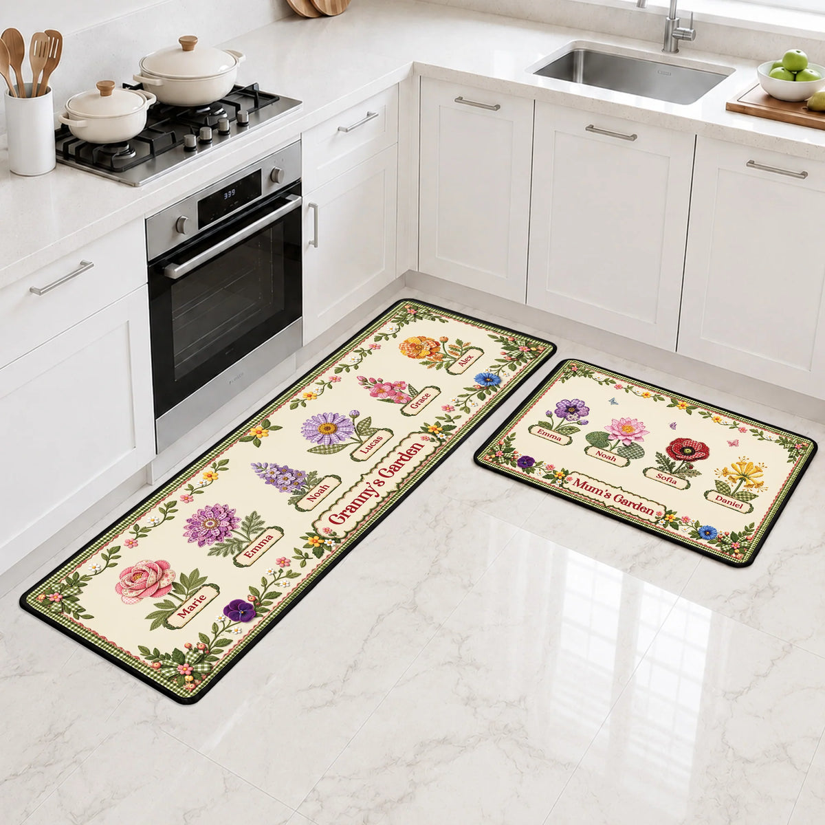 Granny's Garden Personalized Birth Month Flower Runner Rug - Custom Gift for Grandma Mom