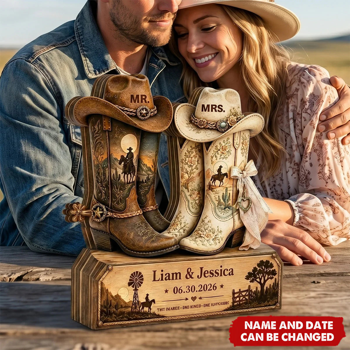 Custom Cowboy Boots Wooden Plaque for Couples with personalized design details for meaningful gifting