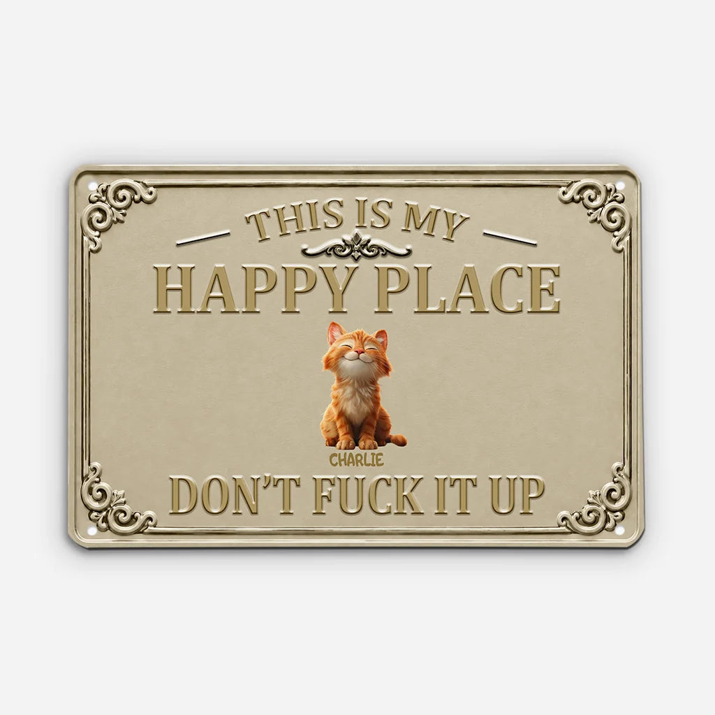 "This Is Our Happy Place" Personalized Cat Metal Sign - Funny Custom Pet Wall Art Sign for Cat Lovers
