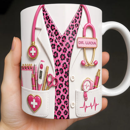 Personalized doctor mug with custom name and pink leopard print medical uniform design