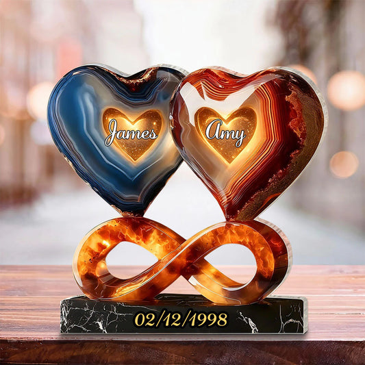 Personalized acrylic plaque with custom names and date on dual agate hearts and infinity sign for couples