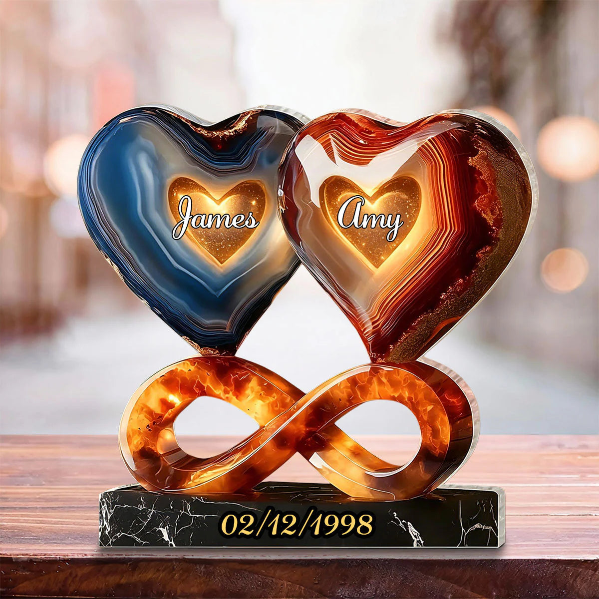 Personalized acrylic plaque with custom names and date on dual agate hearts and infinity sign for couples