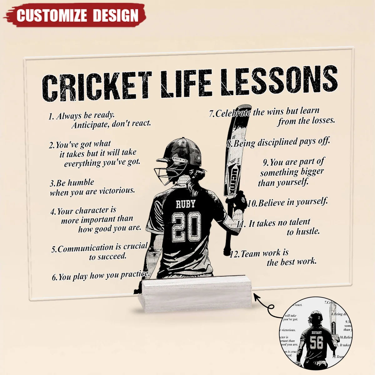 Cricket Life Lessons Personalized Acrylic Plaque - Custom Sports Keepsake Gift for Player