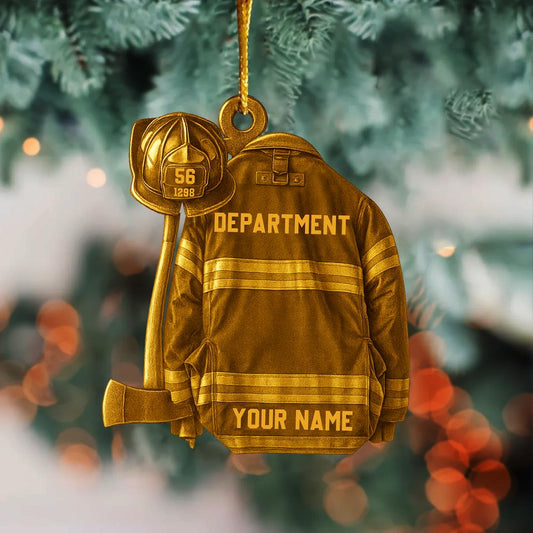 Proud Firefighter Gear Personalized Wooden Ornament - Fireman Christmas Keepsake
