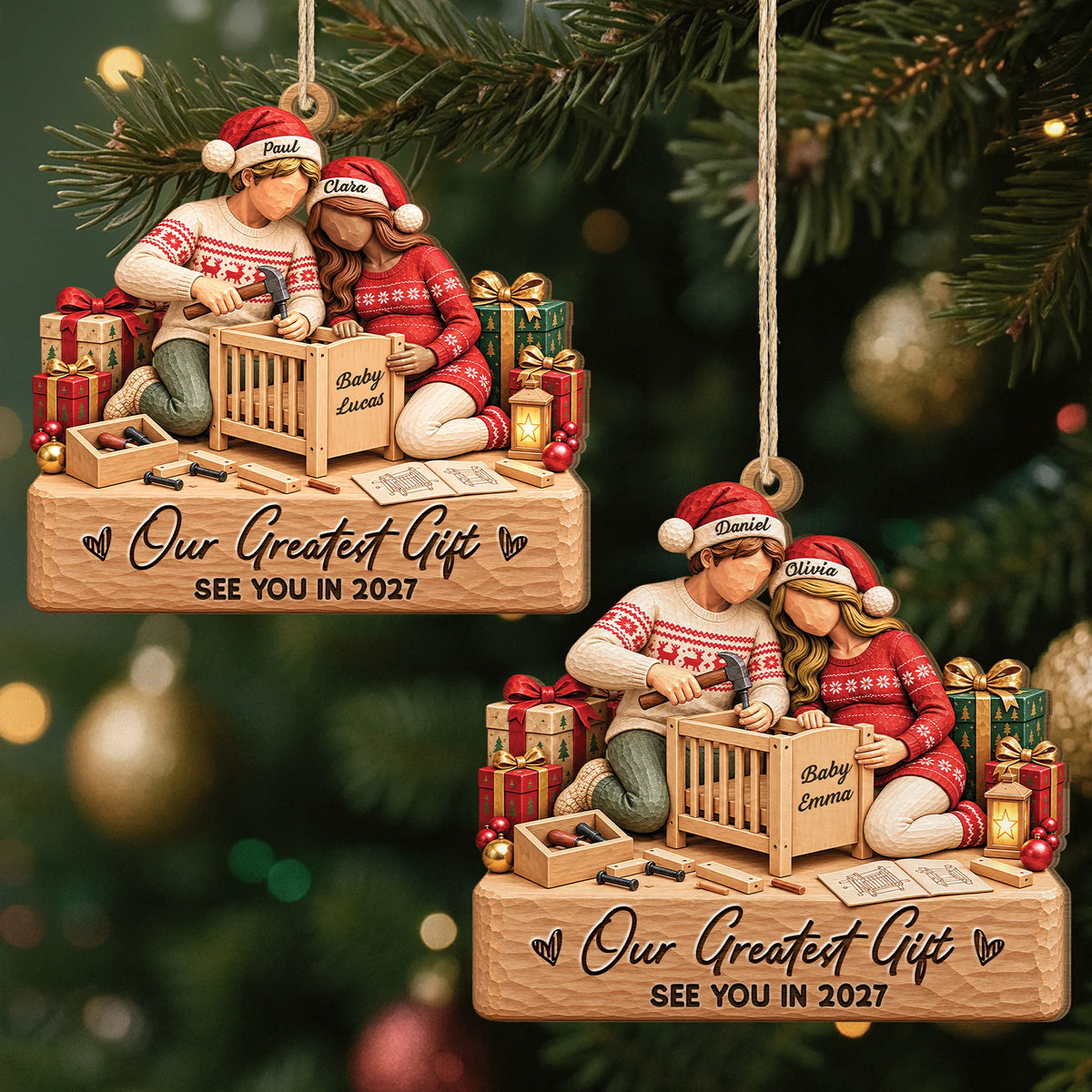 "Our Greatest Gift" Personalized Wooden Ornament for Expecting Couples - Custom Christmas Pregnancy Keepsake