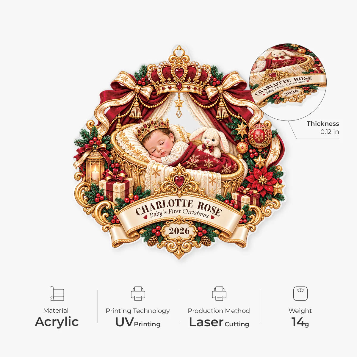 Baby's First Christmas Royal Cradle - Personalized Acrylic Ornament for Newborn Keepsake